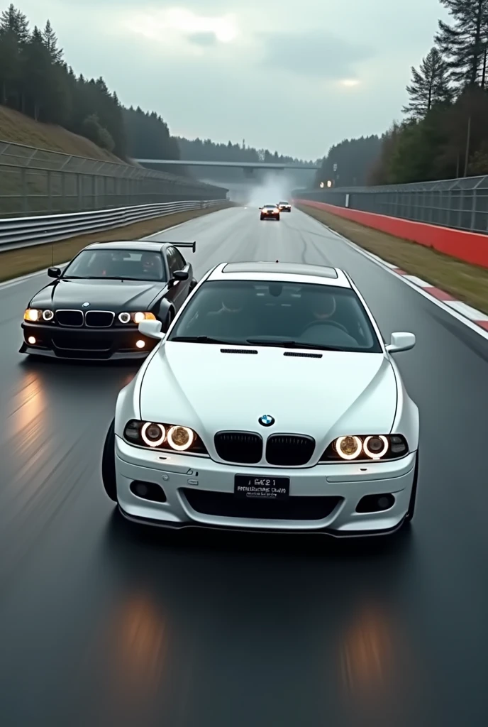 A bmw e39,white color,with realistic design.
In a race track ,with good speed and racing with black mercedes w211
