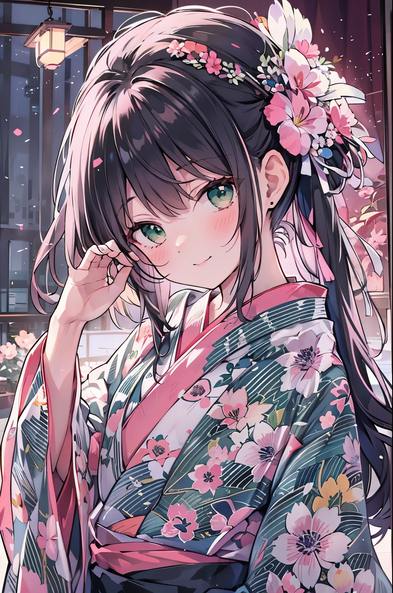 ((Highest quality, 8k, masterpiece: 1.3)), whole body,1 personの,1 person,,Glamorous Body,cute,smile,Black Hair,Beautiful emerald green eyes,long hair,((Yukata being taken off,,Bright pink fabric with morning glory pattern)),night,In the room,