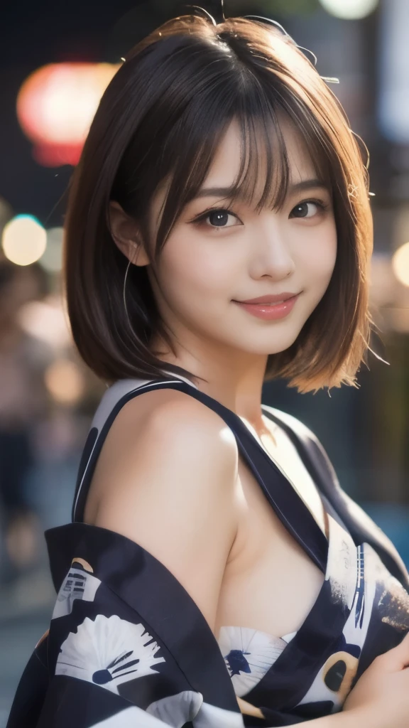 8k,Highest quality,(masterpiece:1.2),(Realistic),(Realistic:1.37),Ultra-high resolution,1 female college student,city,smile,Beautiful Eyes,Summer festival,(((Beautiful yukata))),Big Breasts,Perfect body,Perfect Fingers,Professional Lighting,gravure,Detailed face and skin texture,fine grain,RAW Photos