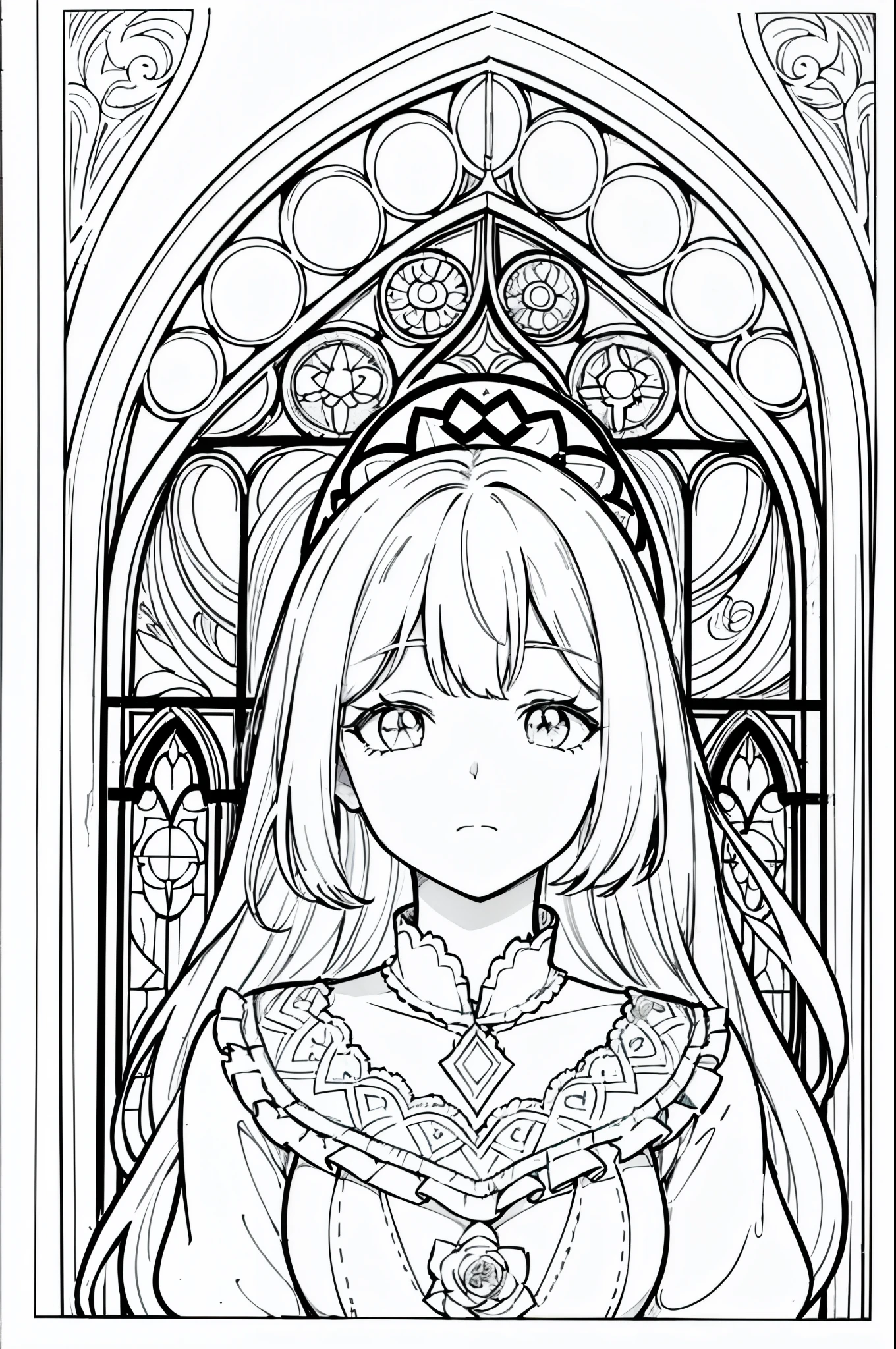 ((As a coloring book, the colors should be black and white, and the borders should be simple, clear, distinct and thick lines.)) A portrait of a European sleepy woman's face, with a pretty floral patterned dress, white hair, abstract, sketch, lines and scenes of characters without color and shadow. In the background you can see a large stained glass window of a church.