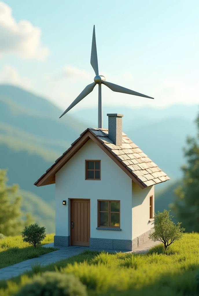 House logo with a realistic mini wind turbine on top of the roof 