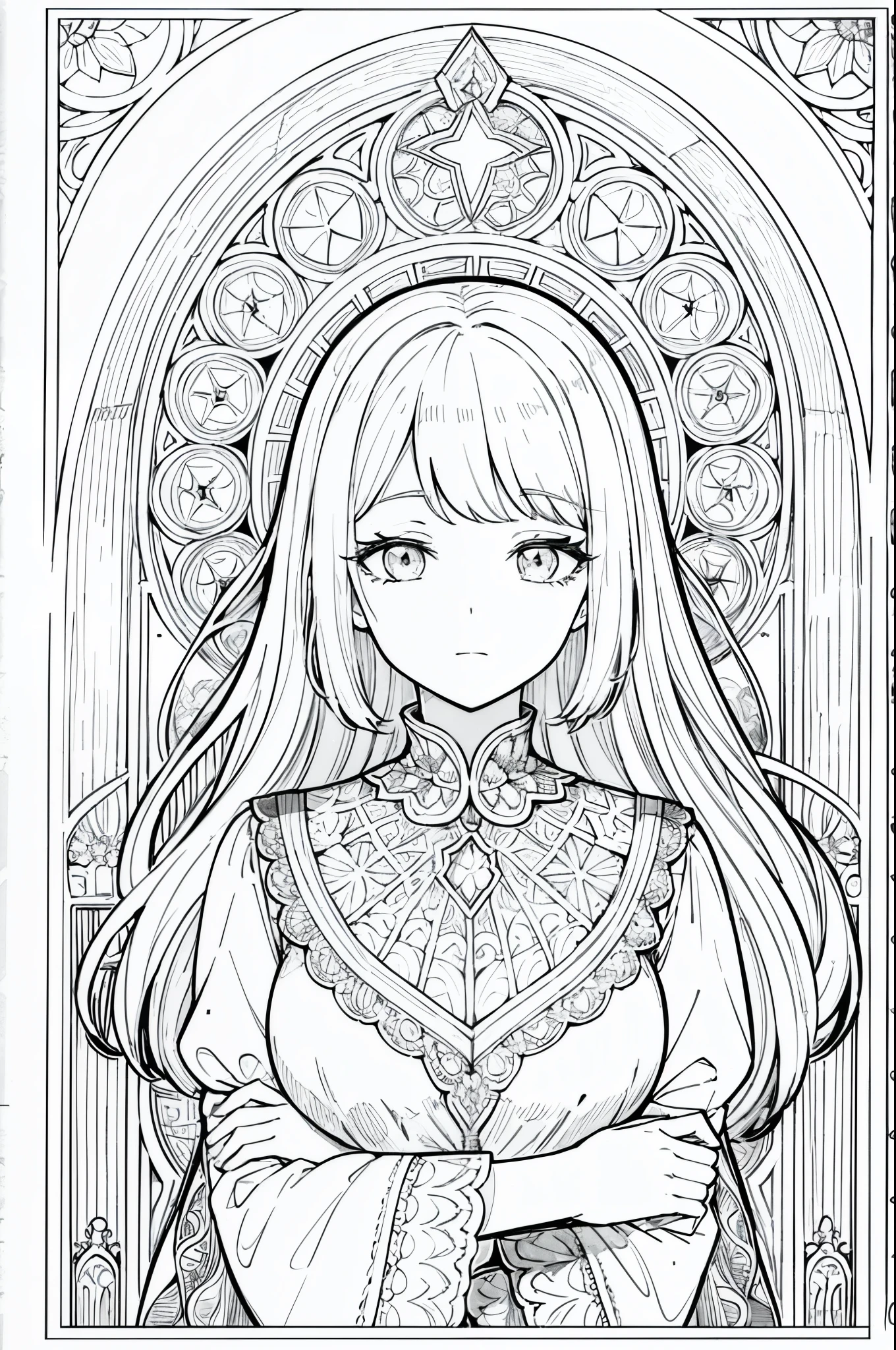 ((As a coloring book, the colors should be black and white, and the borders should be simple, clear, distinct and thick lines.)) A portrait of a European sleepy woman's face, with a pretty floral patterned dress, white hair, abstract, sketch, lines and scenes of characters without color and shadow. In the background you can see a large stained glass window of a church.