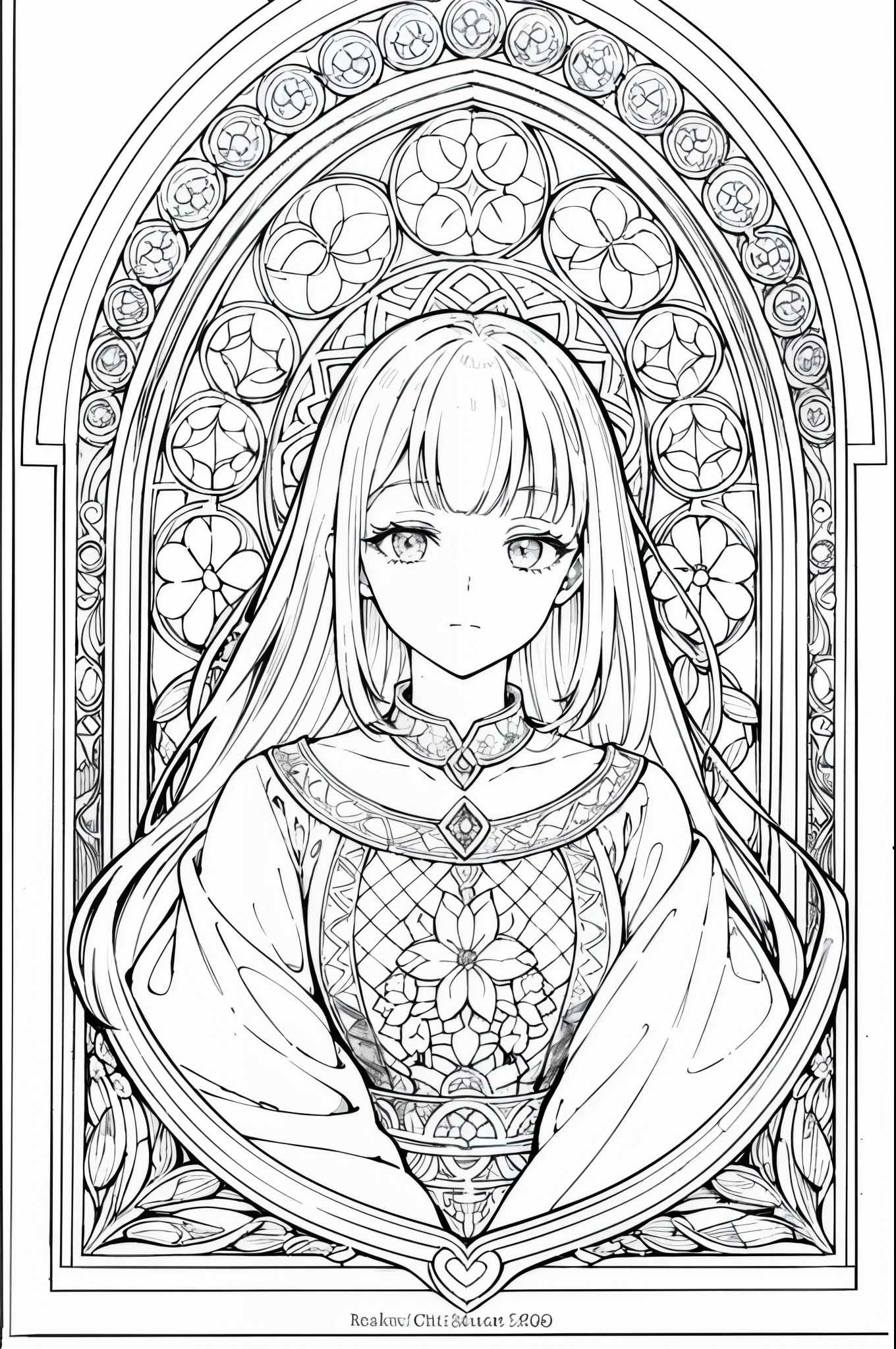 ((As a coloring book, the colors should be black and white, and the borders should be simple, clear, distinct and thick lines.)) A portrait of a European sleepy woman's face, with a pretty floral patterned dress, white hair, abstract, sketch, lines and scenes of characters without color and shadow. In the background you can see a large stained glass window of a church.
