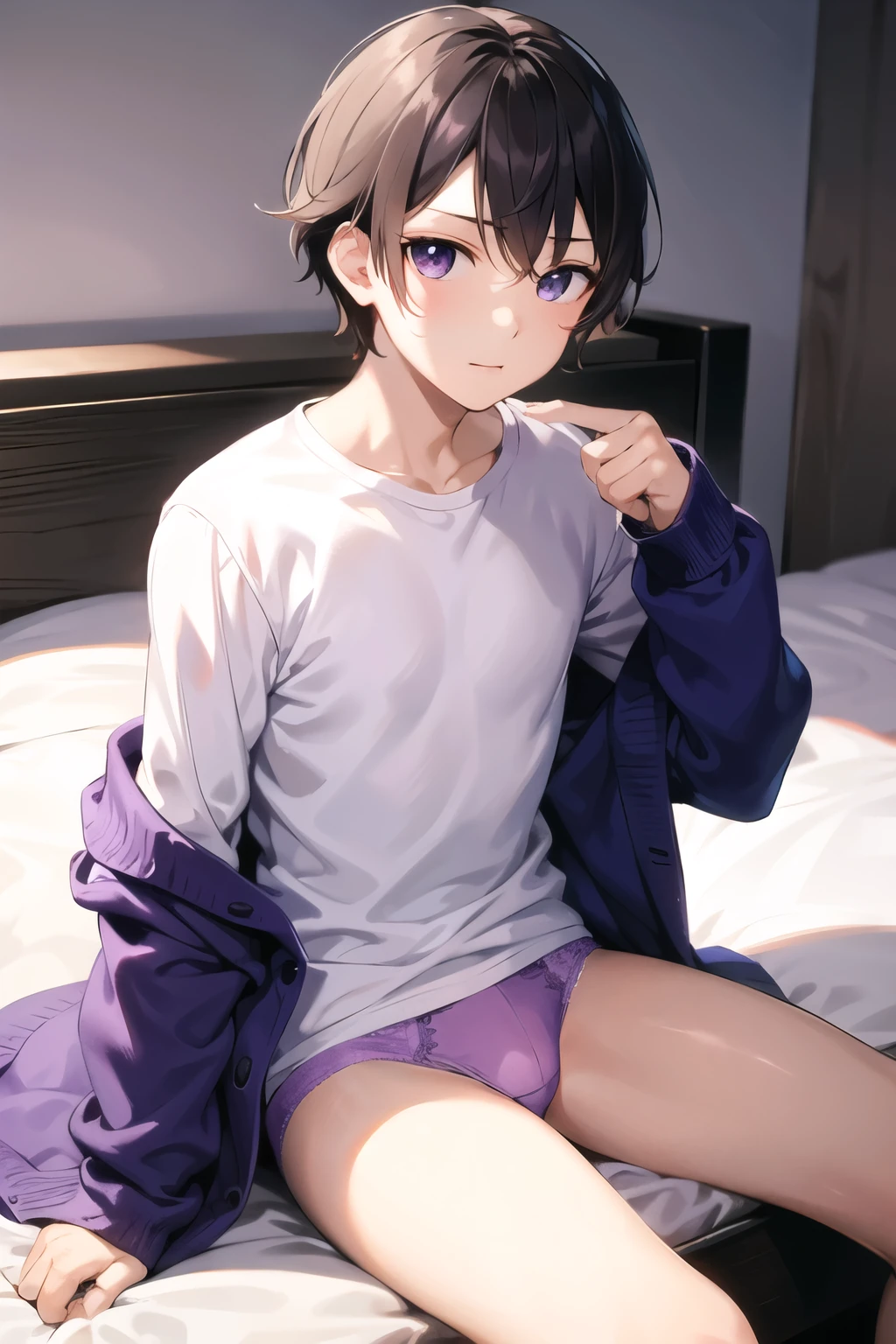 a boy sitting in a bedroom wearing a white long sleeve shirt and purple underwear, from the left,