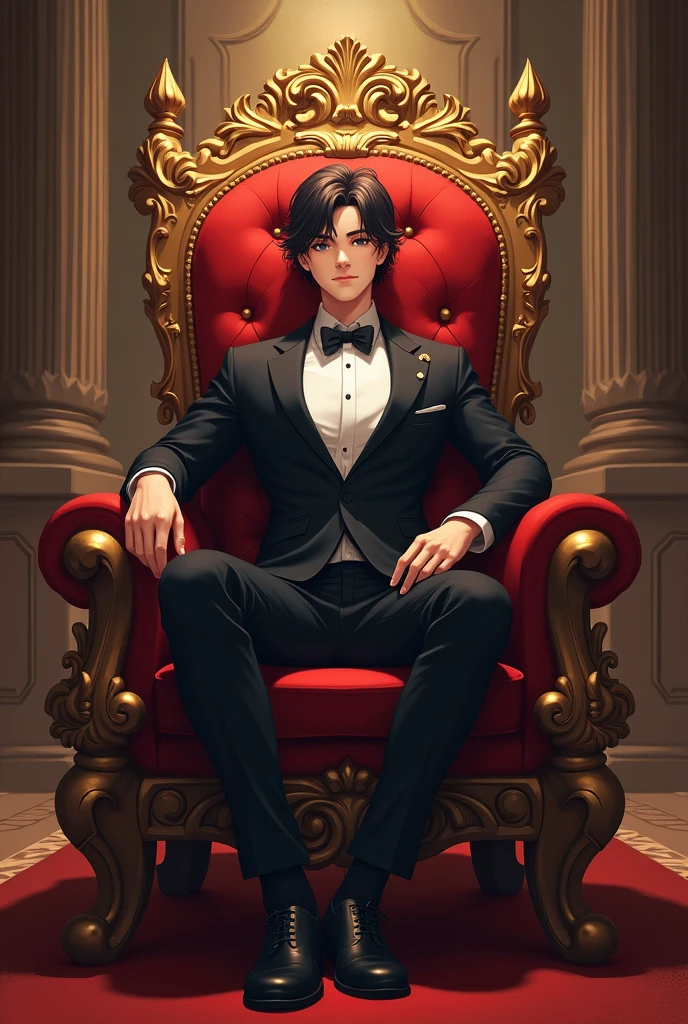 A handsome attitude boy of 17 years sitting on a imperial chair with royal background and 'ARISTOCRATIC EMPEROR' written on the wall behind the boy chair,write ARISTOCRATIC EMPEROR behind the chair