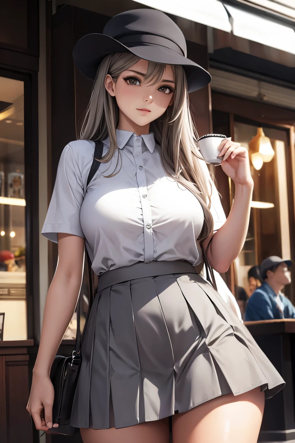 masterpiece, high quality, best quality, beautiful, hd, perfect lighting, detailed face, detailed body, 1 girl, solo, (long gray hair), brown eyes, medium breasts, ((white underwear)), ((short gray skirt)), (gray hat), in front of a cafe,