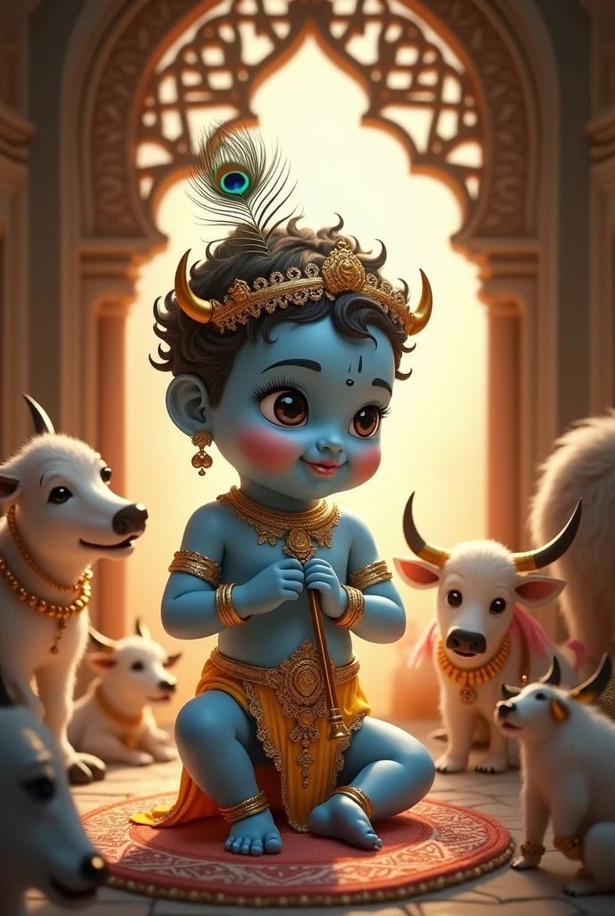 A handsome little just born baby in jali with his parents in Hindu mythology , in his hair one small peacock feather, the body color is Blue in his hands one flute and standing with cow with is friends 