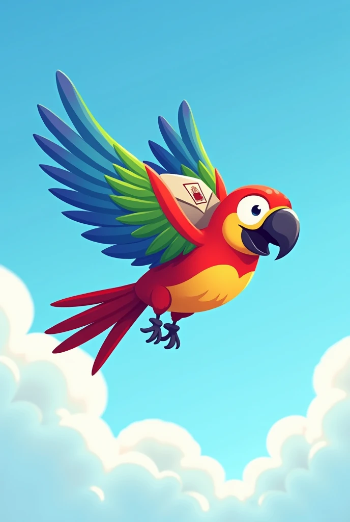 cartoon of bird flying in blue sky with white clouds carrying small mail bag with stamp in the bag, the colorful bird of the macaws