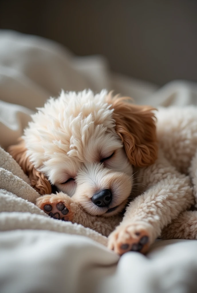 Silver Toy Poodle、Afro, puppy 、A sleepy, drowsy face、happiness/joy, He is squinting his eyes sleepily.、Trying to sleep peacefully in his owner's soft and fluffy bed、High resolution, Droopy eyes, The hair is not curly.、Fluffy fur、Sleeping on your side