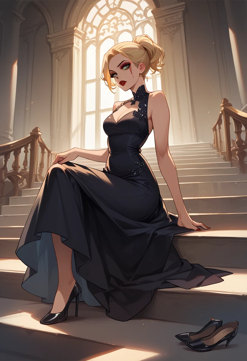 adult,2,Woman,short blonde hair ponytail,greeneyes,black elegant dress,black shoe,dark red makeup,dark red lipstick,big boobies,score_9, score_8_up, score_7_up, score_6_up, score_5_up, score_4_up