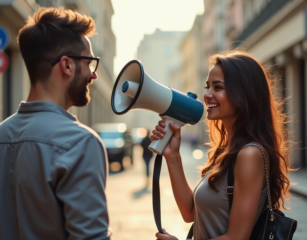 There are two people on a street: An attractive brunette woman, with a very sexy megaphone, hair with look, seen by chance, Beautiful Latina next to her there is an attractive man with glasses holding a sign with his hand that says digital marketing, natural light.