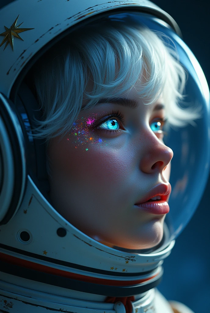 (Close-up of a better masterpiece:1.5)0.9], (Space and astronauts:1.2) (Messy silver hair:1.1) (Heterochromia xanthochromia and blue eyes:1.2) (Space Helmet:1.0) (Colored stars in the eyes:1.0) (A radiant glow:1.1) (thick lips:0.9)