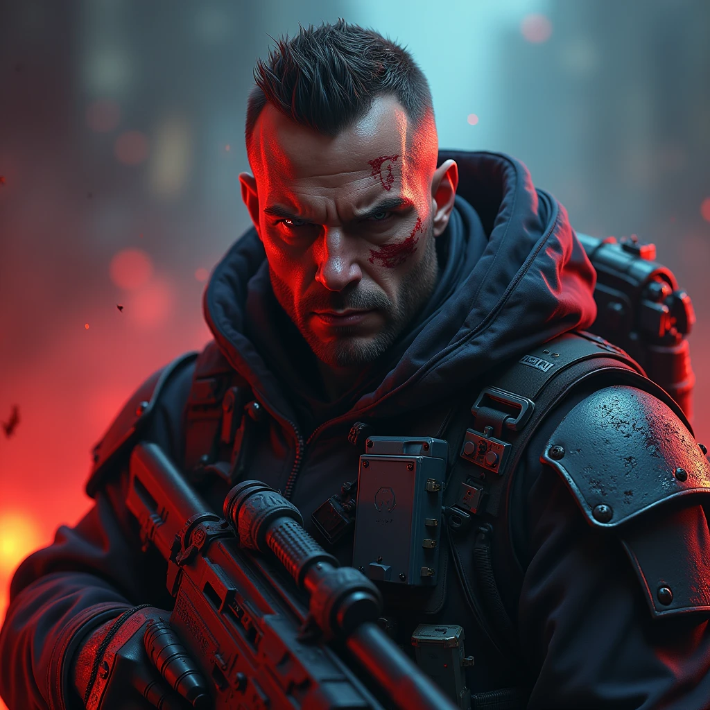 ((best quality)), ((masterpiece)), (detailed), perfect face image for game frame of a dangerous man with weapons in a war with angry mood and body language , with smokey red , blue and black back ground wearing a war costume surrounded by war  tanks 
And vechiel , with Sparky back ground  change the person , add some scratches, blood on the body