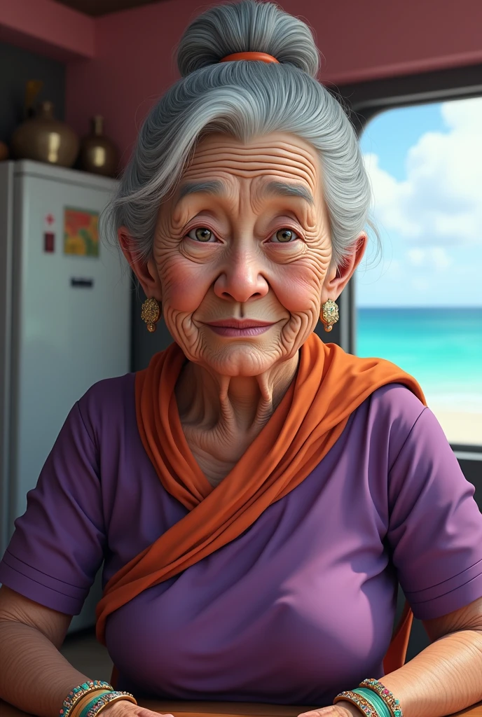(masterpiece:1.2, Highest quality:1.2), (One person), Professional Lighting, Cinema Lighting, 8k wallpaper, ultra realistic portrait of Chichi, Dragon Ball, Chichi_Dragon Ball, (Ultra-realistic mature elderly face, Highly detailed mature elderly face, Realistic wrinkles on face and eyes, Fine wrinkles on the face and eyes), ((Purple Cheongsam, Orange scarf)), Bangles, bracelet, naked足, Detailed face, Detailed eyes, High resolution, Detailed skin texture, Ultra Slim Waist, Perfect slim body style, Black Hair, (Dango Hair:1.25, long parted bangs:1.1), Big eyes, double eyelid, ((((Super huge breasts, Super huge , Super huge boob, Super huge cleavages)))), ((Ultra-realistic look of the kitchen room in the Turtle House, Super detailed look of the kitchen room in the turtle house, Pink painted wall:1.1 refrigerator, Aquamarine sea seen from the window, Counter table, Bar stool, kitchenware, Dishes in the sink, Kitchen countertops, cupboard)), (((Ultra-realistic kissing face with pouting lips, Very elaborate kissing lips face, Sticking out tongue))), (Browsing Caution:1.1), Zoom in on face, Face close-up, Focus on the face, ((View your viewers)), naked
