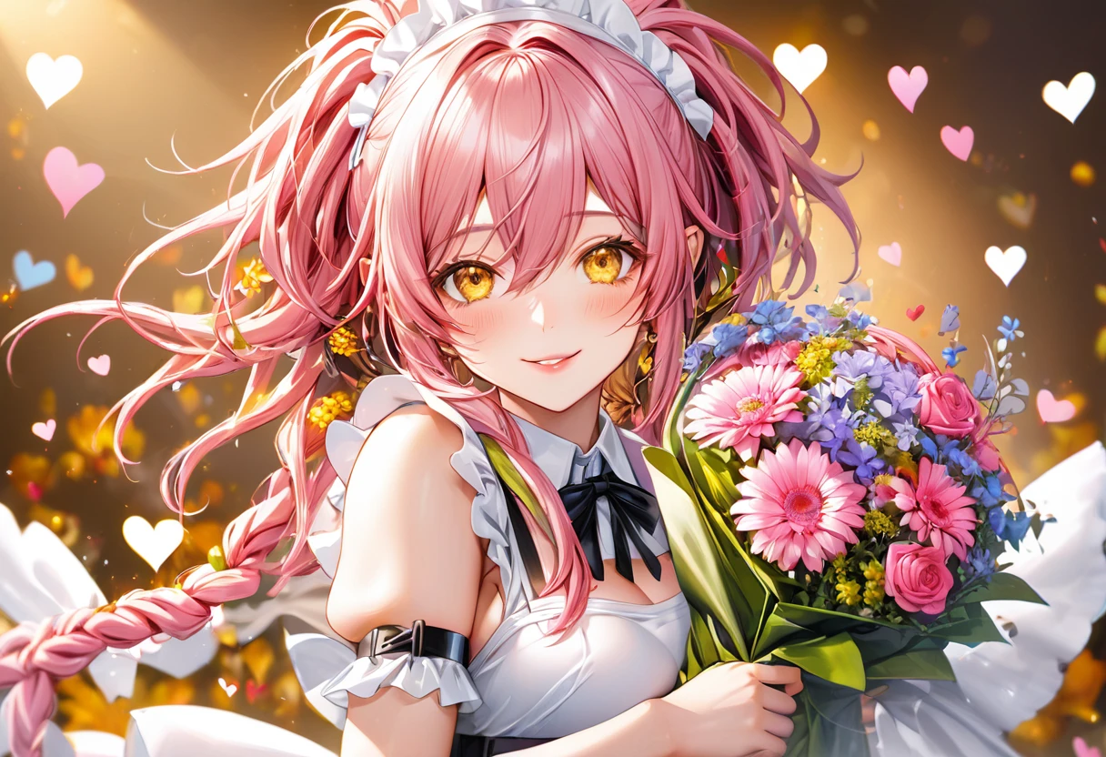 (pov, solo:2, 1000yo elf), (detailed Dreadlocks:1.4) (immensely beautiful pink hair long hair), (best cool elf woman) (immensely sexy yellow eyes) (sexy smile) (glossy lip) (small tits), in a best sexy maid uniform with double exposure:1.2 love hearts, white bow tie, break, hand holding a beautiful detailed big bouquet, break, in the thanksgiving stage, ((background font is "MB")), BREAK, perfect anatomy, masterpiece, best quality, 16k, beautiful detailed thanks, daydreaming expression.