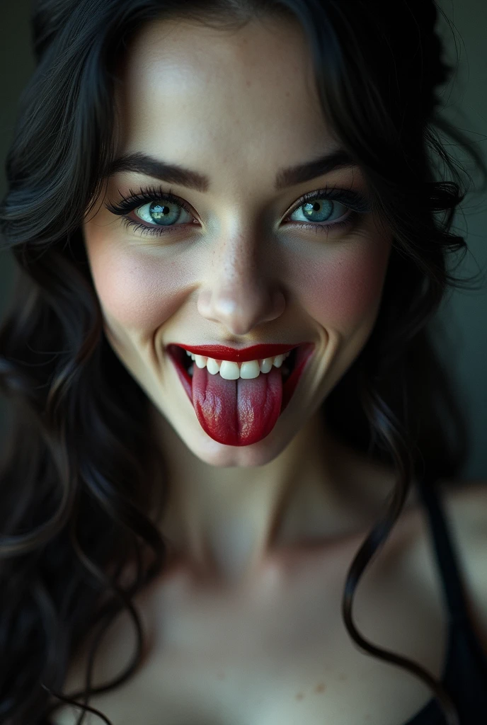 A tantalizing close-up captures the vampire's mouth in all its seductive glory. The front view frames her lips, parted in a sly smile, revealing a dazzling row of teeth. Two sets of gleaming canines, now razor-sharp fangs, seem to invite intimacy. Her tongue, glistening with saliva, darts and caresses the tips of her upper fangs, as if savoring the promise of a sensual encounter.
 Gothic horror, vampiress, professional, vivid colors, perfect anatomy, ideal facial features, ideally proportioned figure, perfectly beautiful body, super detailed skin, glossy skin, glistening skin, fresh white skin, Glamor, soft and curvy, body conscious, upper body shot, Straight-on shot, Portrait, black long hair, Forehead, arched eyebrows, double eyelids,  blue eyes, Eyelashes, nose, nostrils, full lips, dark lipstick, glossy lips, (A slightly open whispering mouth, teeth, vampire fangs), neck, collarbone, deep cleavage, Upper breast swelling, Gigantic Breasts, shallow depth of field, entirety of sharp focus, vignette, highly detailed, high budget, bokeh, cinemascope, moody, epic, gorgeous, film grain, grainy, masterpiece, incredibly absurd resolution, absolutely resolution, ultra high resolution, Vampire Fangs,
