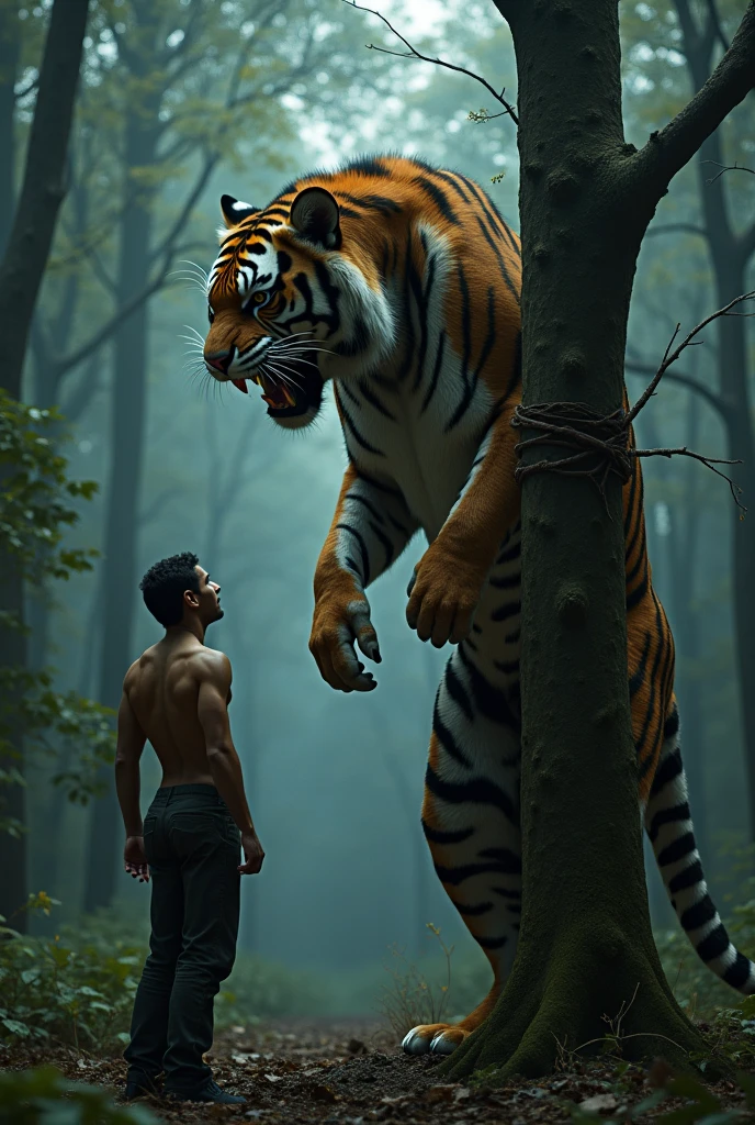A man is tied to a tree, and in front of him is a large muscular tiger standing looking at the man and taking off his pants.