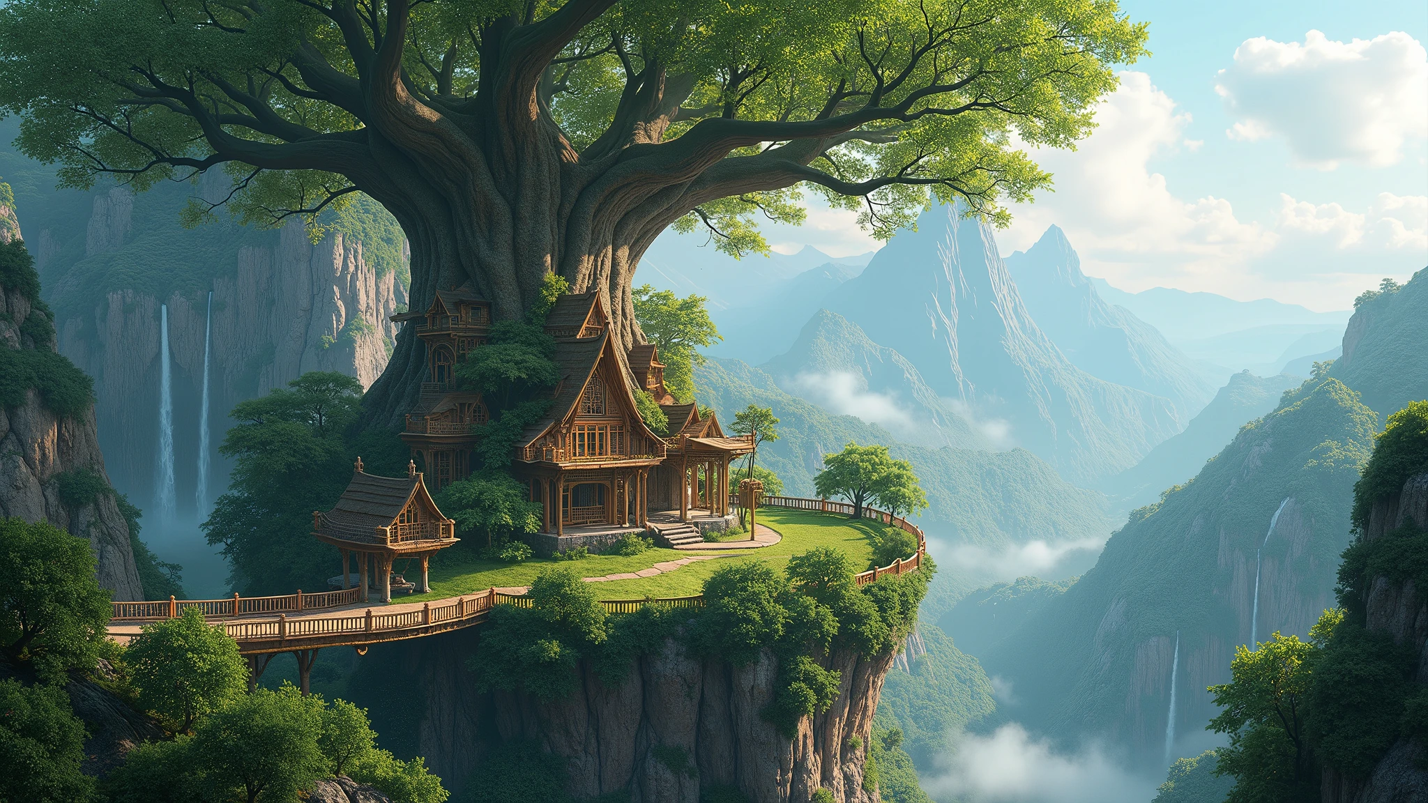 An elven village built on a tree on the side of a sacred mountain, ((The top of the tree itself is within the picture.)),(((No elves)))(best quality,4K,8K,high resolution,masterpiece:1.2), Extremely detailed, Practical:1.37, HDR, Ultra HD, Studio Lighting, Extremely detailed的描述, professional, Bright colors, Bokeh, portrait, landscape, (Art style: Wu Guanzhong), Vivid and dynamic colors, Soft lighting.