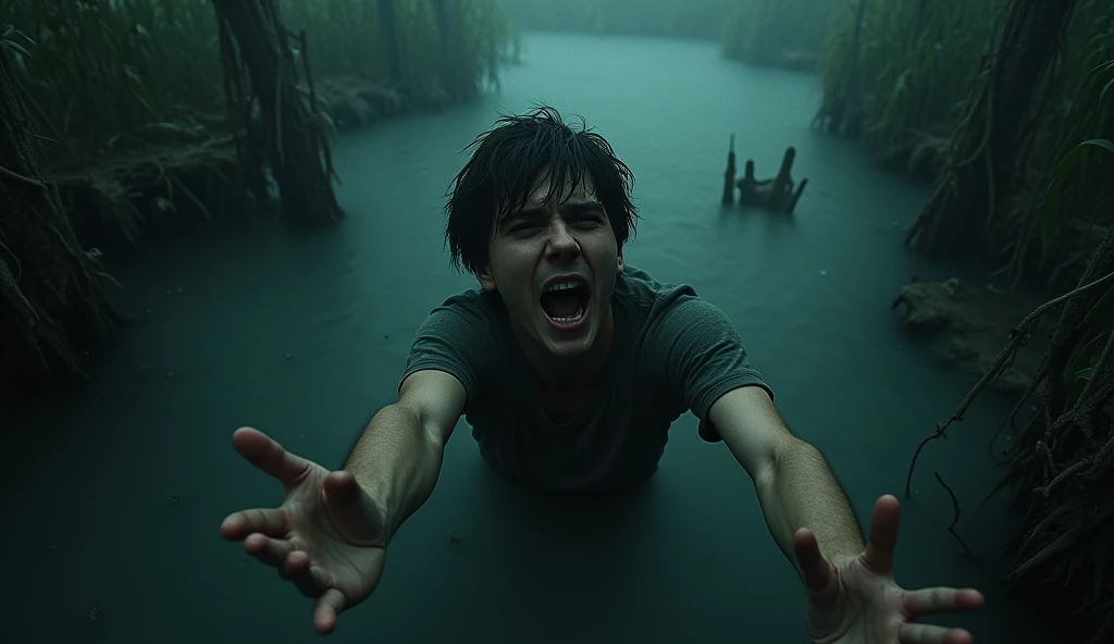 There is a shadow、Horror、A young man with dark hair is sucked into a swamp、A young man with dark hair is reaching out、A young man with dark hair is asking for help、Top view、Photorealistic