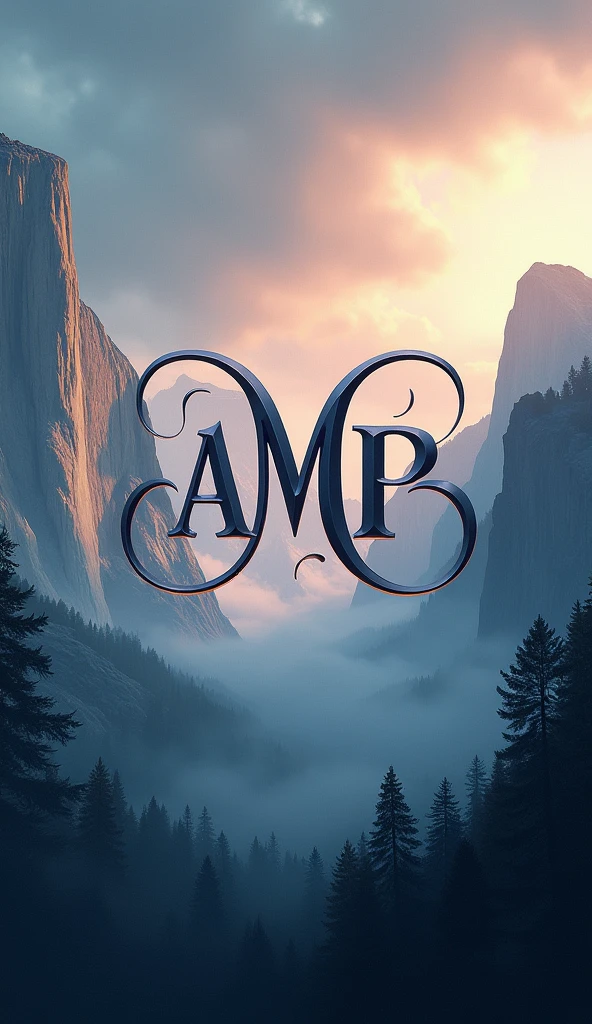 Create a logo with the letters AMP. The font should be curved and romantic. The background should appear epic.