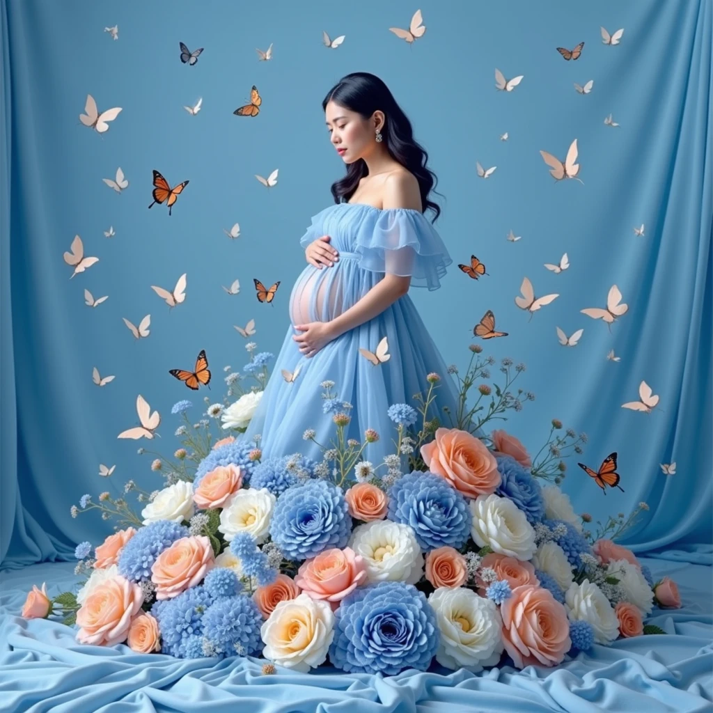 pregnant woman in a blue gown surrounded by flowers and butterflies, an album cover by Willie Ito, shutterstock contest winner, rococo, queen of flowers, official artwork, maternal photography 4 k, cover shot, promo image, flower queen, real photoshoot queen of oceans, with a blue background, portrait of queen of dreams, alternate album cover, promo shot, promo photo