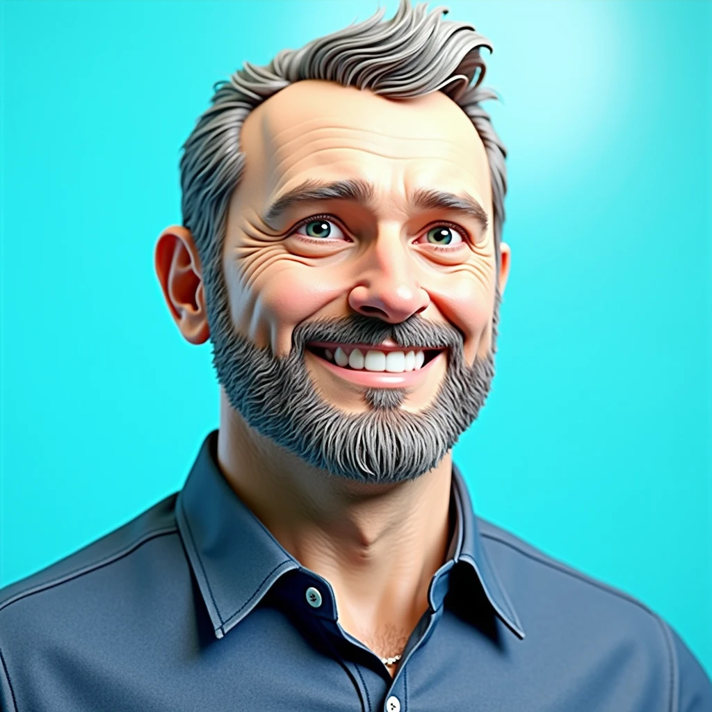 Cartoon character of a man in a blue shirt, 30years, with a beard with some white hairs, short hair with quiff, animation character, stylized character, animation style rendering, 3d stylized, Arnold Maya rendering, Stylized 3D rendering, toon render screenshot, 3d character, 3d character, Stylized 3D rendering, 3D character rendering, cartoon character, Personagem de close up, character posing, (Pixar-style) (master part:1.2) (bokeh) (best qualityer) (skin detailed) (detailed texture) (8k) (Argilla) (cinematic lighting) (sharp focus