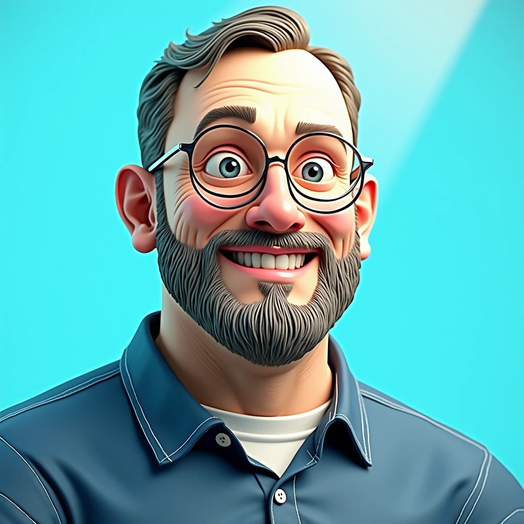 Cartoon character of a man in a blue shirt, 30years, with a beard with some white hairs, short hair with quiff, animation character, stylized character, animation style rendering, 3d stylized, Arnold Maya rendering, Stylized 3D rendering, toon render screenshot, 3d character, 3d character, Stylized 3D rendering, 3D character rendering, cartoon character, Personagem de close up, character posing, (Pixar-style) (master part:1.2) (bokeh) (best qualityer) (skin detailed) (detailed texture) (8k) (Argilla) (cinematic lighting) (sharp focus