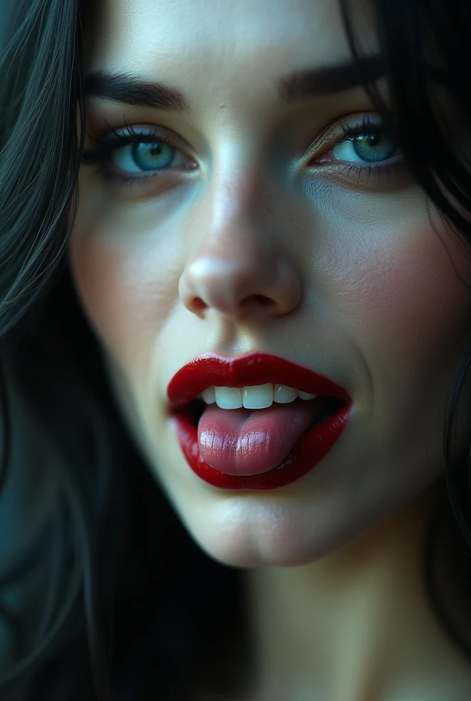 A close-up front view of the ravishing female vampire's mouth: a sensual smile spreads across her lips as she reveals a row of pearly whites, two pairs of sharp canines transformed into gleaming fangs. Her tongue, glistening with saliva, darts and seductively licks the tips of her upper fangs, inviting the viewer to indulge in her tantalizing gaze. Gothic horror, vampiress, professional, vivid colors, perfect anatomy, ideal facial features, ideally proportioned figure, perfectly beautiful body, super detailed skin, glossy skin, glistening skin, fresh white skin, Glamor, soft and curvy, body conscious, upper body shot, Straight-on shot, Portrait, black long hair, Forehead, arched eyebrows, double eyelids,  blue eyes, Eyelashes, nose, nostrils, full lips, dark lipstick, glossy lips, (A slightly open whispering mouth, teeth, vampire fangs), neck, collarbone, deep cleavage, Upper breast swelling, Gigantic Breasts, shallow depth of field, entirety of sharp focus, vignette, highly detailed, high budget, bokeh, cinemascope, moody, epic, gorgeous, film grain, grainy, masterpiece, incredibly absurd resolution, absolutely resolution, ultra high resolution, Vampire Fangs,
