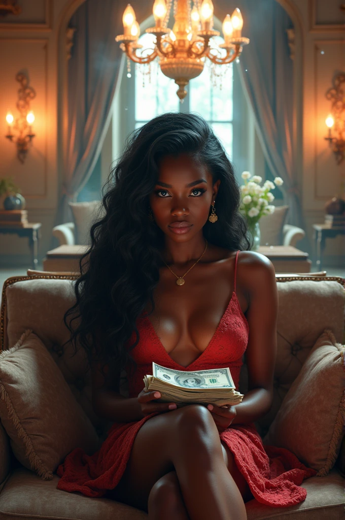 {
"prompt": "A black girl with long, flowing hair and striking blue eyes is sitting on a plush couch in a luxurious, fairytale-like house. She is counting stacks of money with a focused expression. The room is elegantly decorated with intricate details, such as a grand chandelier, ornate furniture, and large windows that let in soft, glowing light. The ambiance is magical, with a hint of sparkling dust in the air, giving the scene an ethereal and enchanting feel. The colors are rich and vibrant, creating a warm and inviting atmosphere.",
"size": "1024x1024"
}