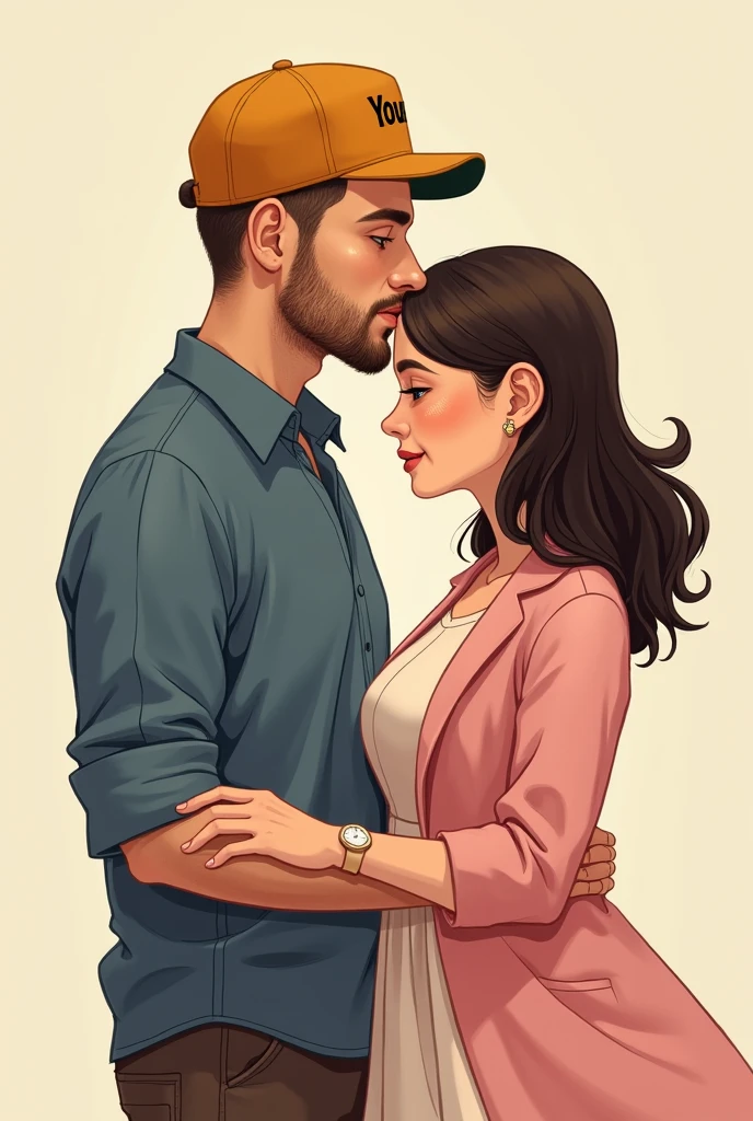 A guy wearing a rusty blue shirt with buttons closed till the top and looks neat and a yellow cap that has YOURS written in black infront of it he had thin shaved beard and short hair also and is wearing a black jeans whose left hand is held by a cute and chubby girl who is wearing a light pink and white colored long dress that has a elbow length light pink colored coatie and her hair is open and comes about lower than her shoulders and she is resting her head over the guys shoulder and facing us at the front and both are happy and in Love with each other both the guy and the girl are facing each other and their height is same and the guy is kissing her forehead