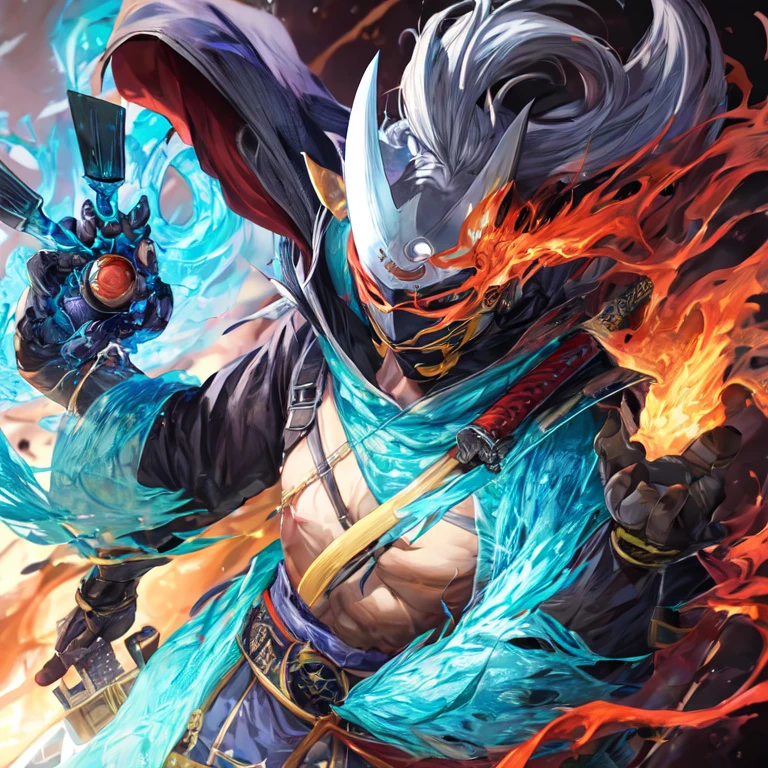 Ninja alchemist male in fully closed clothing with oni mask covering his face with katana and two hand crossbows UHD, textured skin, super detail, high details, high quali y,
