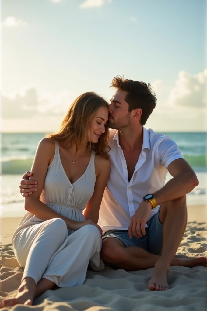 ((Couple sitting Next to each other at the Beach. He hugs her with one arm and her Head is in his shoulder. He kisses her in the Forehead