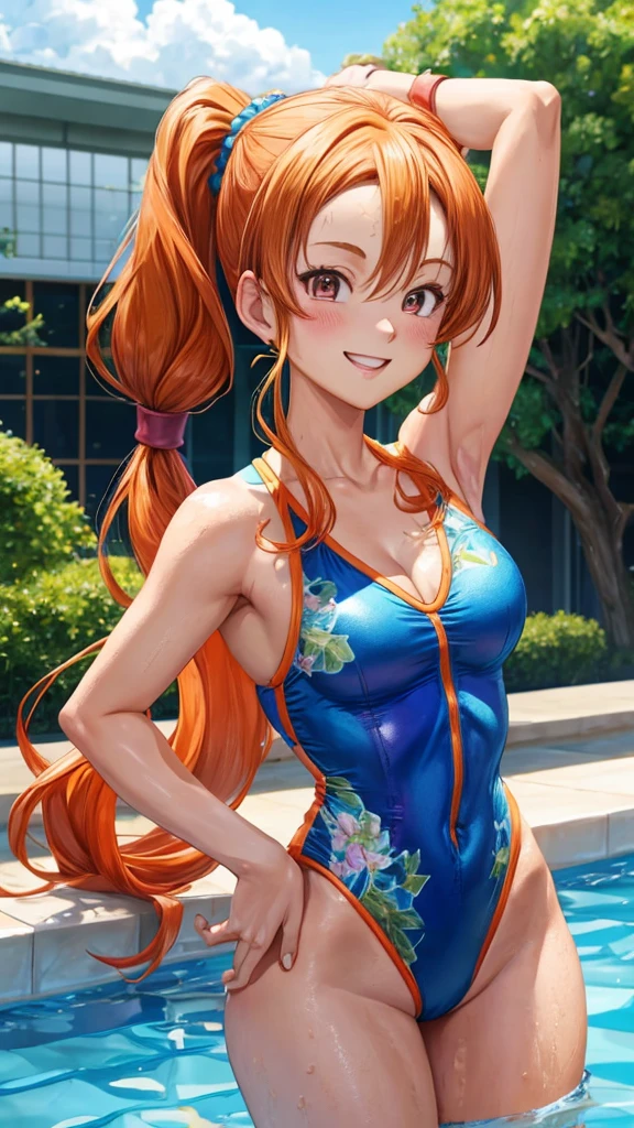 Jessica Albert (Dragon Quest), Jessica Albert, 1 woman, flowerprint leotard swimsuit with v neck, short pigtails, orange hair showing on forehead, beautiful, masterpiece, best quality, smiling face, looks in the eye of the beholder, poolside Standing pose