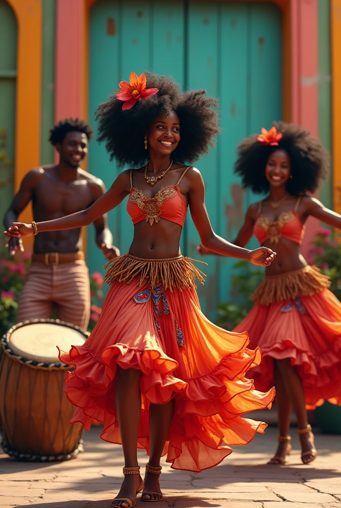 Three beautiful Afro Haitian dancers, Haitian folklore dance.  Habits traditionnels folkloriques. Un tambourineur en train de battre un tambour. Colorful frame