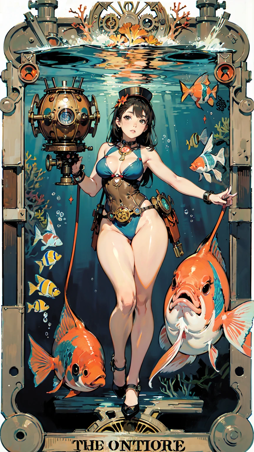 Tarot Cards、Masterpiece、Highest quality、Detailed Background、Line art、Written boundary depth、Flat Shading、Mucha style、Art Nouveau、(Image of underwater、The world of steampunk:1.3)、(Surrounded by many tropical fish and corals、Mechanical fish too、Machine waste:1.2)、Steampunk-inspired swimsuit、Vintage Color、colorful、Anatomically correct、Slim figure、Thick thighs、Perfect Face、long hair