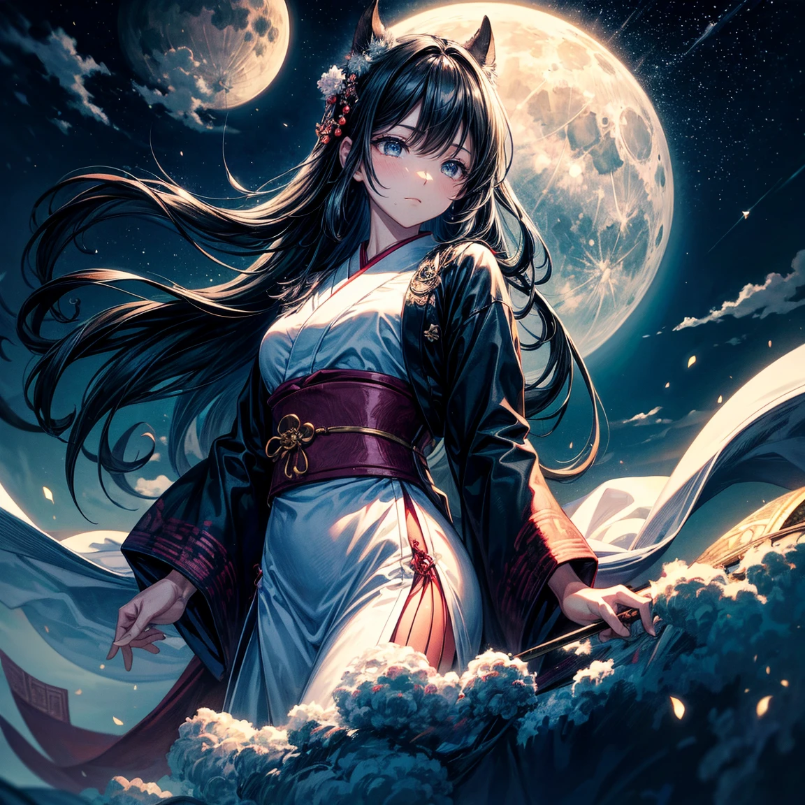 Create an illustration with a serene night sky featuring a bright full moon and black clouds. The clouds should have a traditional Japanese or Chinese style, with intricate patterns and curves. The scene should capture the moment when the clouds are parting, revealing more of the moon and stars, symbolizing the clouds clearing away. The overall atmosphere should be calm and mystical, with the clouds appearing to slowly dissipate.