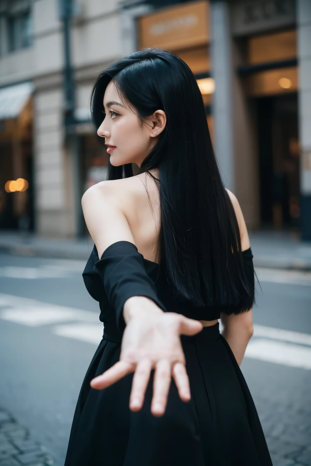 The back of a woman with long black hair, reaching out her right hand behind her to ask me to hold her hand.