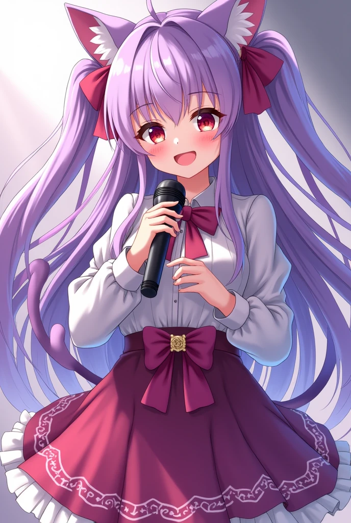 magic girl and a famous idol with long straight hair light purple and cat ear and tail, red eyes, holding a microphone, waring a skirt