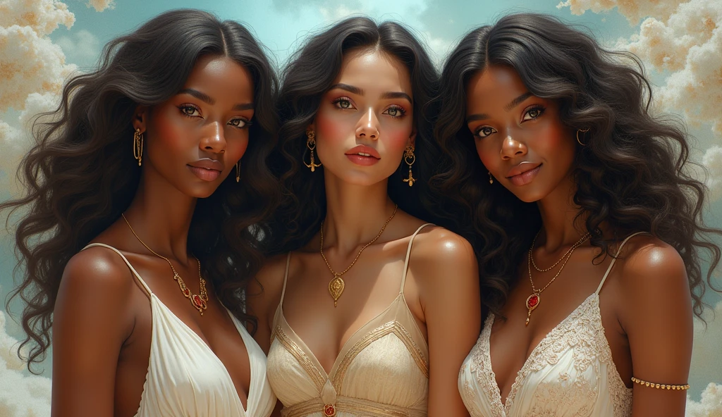 Three very beautiful goddesses of beauty, Asia, Europe, Africa, whole body