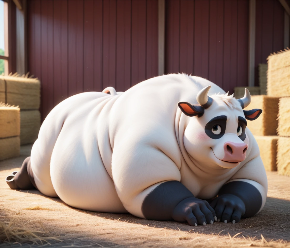 (cute, fat, obese, anthro, male, bull), pam-swtvrld, lying on the floor, back raised, front side view, full body, nude, barn, hires textures, highly detailed, intricate details, best quality, masterpiece, detailxl, zPDXL2