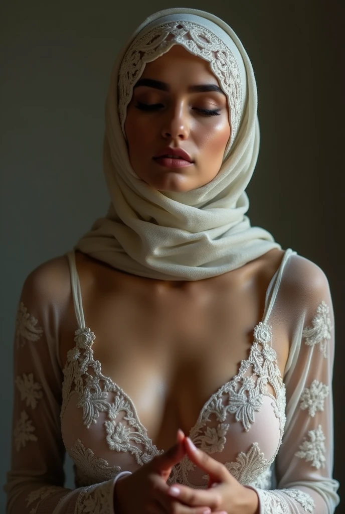Can you create a picture of a woman wearing a see-through hijab and headscarf and has huge breasts yet looks like a bimbo whore and praying to allah 