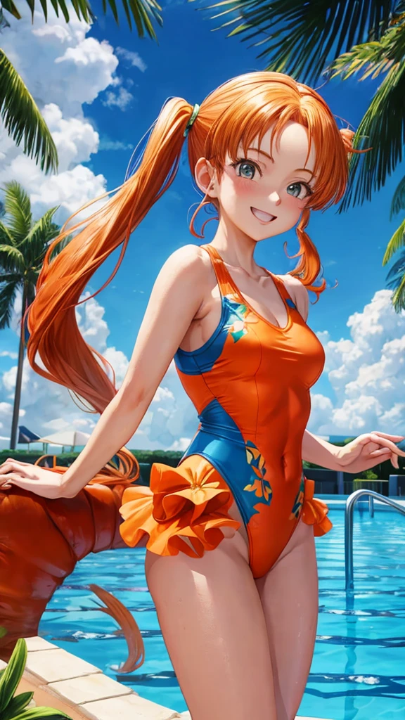 Jessica Albert (Dragon Quest), Jessica Albert, 1 woman, flowerprint leotard swimsuit with v neck, short pigtails, orange hair showing on forehead, beautiful, masterpiece, best quality, smiling face, looks in the eye of the beholder, poolside Standing pose