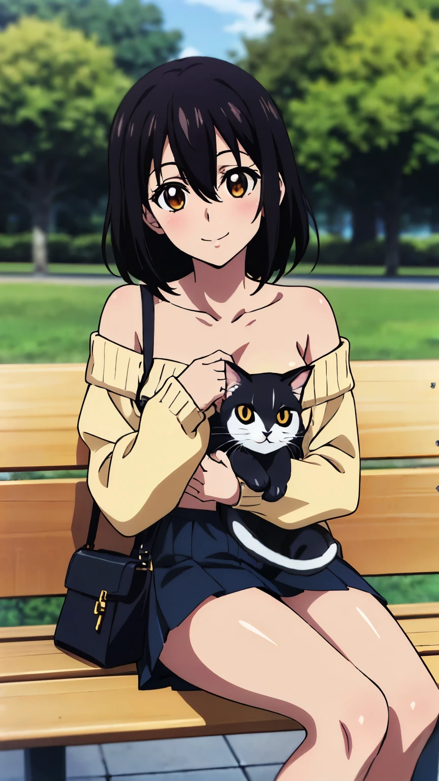 (highest quality, 8k, High resolution, masterpiece:1.2), Anime art style, Hyper Detail, himeragi yukina, Brown eye, Black Hair, Hair between the eyes, Medium Hair, 1 girl, Perfect Face, eye_Light_big,Small medium breast, Soft impression, alone, (long sleeve off-shoulder light yellow sweater, black halterneck camisole, (hand bag, shoulder strap), black pleated mini skirt, Ice cream, A woman holding a cat in her arms, sitting on a bench in the park, smiling, blushing), Cowboy Shot, dutch angle, looking at viewer,