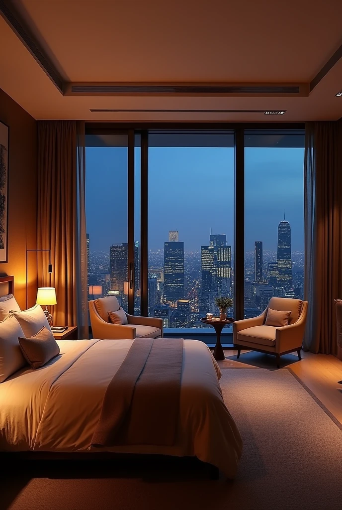 Luxurious master bedroom with king-size bed and luxurious linens,  The room is warm, Modern bedside lamps and chandeliers provide soft lighting for a cosy atmosphere.。. Near the floor-to-ceiling windows、There is a cozy sitting area with plush armchairs and a small coffee table.。, Enjoy a private and beautiful night view, View through sleek glass doors, Beautiful cityscape at night