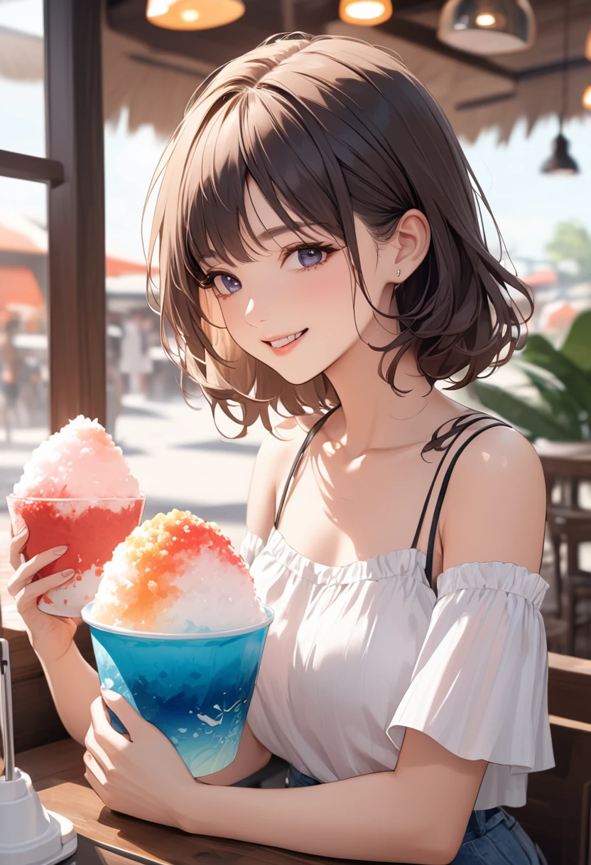(masterpiece:1.5),(Beat quality),(high res),1girl solo,beautiful face,smile,upper body,Woman in summer clothes,shaved ice,Cafe
