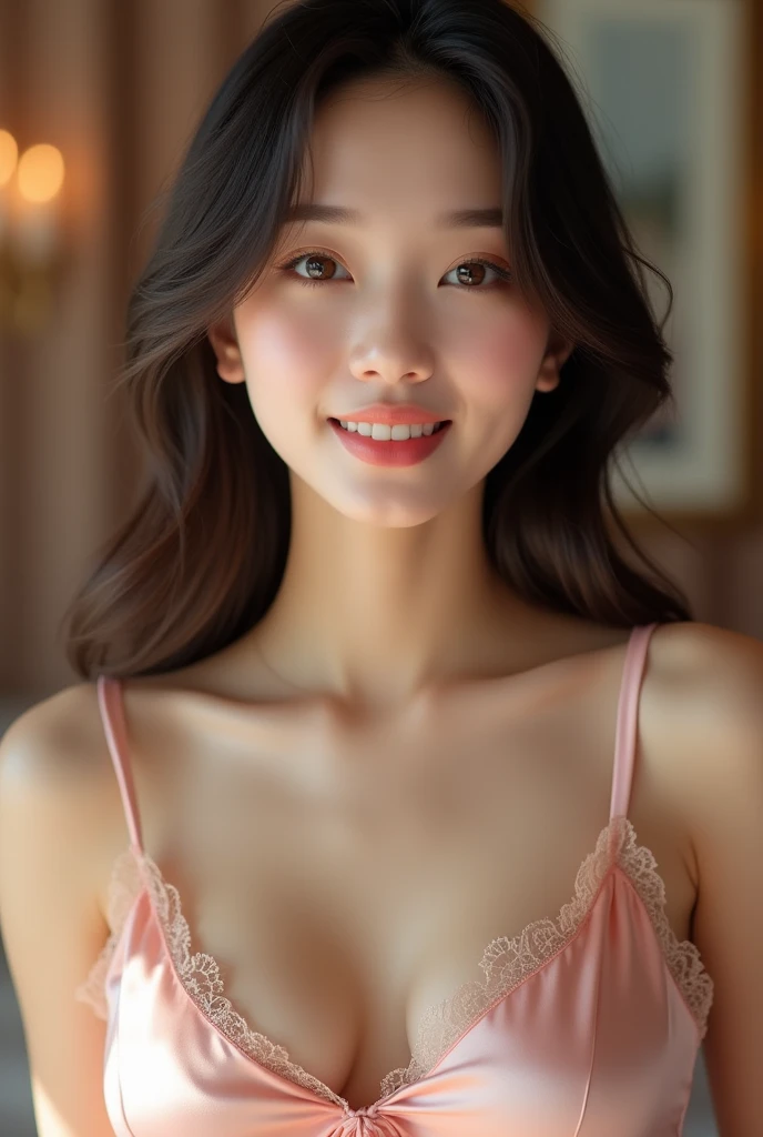 (masterpiece,best quality:1.4),(8k,raw photo,photo realistic:1.2),(shiny skin),detailed skin,detailed face,detailed eyes,Sparkling eyes:1.3,Symmetrical eyes,Detailed Background,detailed hand,1girl,natural make-up,((cute )),(cute Fancy room), natural breasts,young trendy hair, ((Teen average breast)),(((Wacoal brand silk pyjamas,))),((shiny chest)),cleavage, (very beautiful cute), (beautiful asian),, girl cute-fine-face,,Cute smile, (super detailed Wacoal brand design,trend),,upper body,nsfw,sexy Instagram style,,face of the Golden Ratio