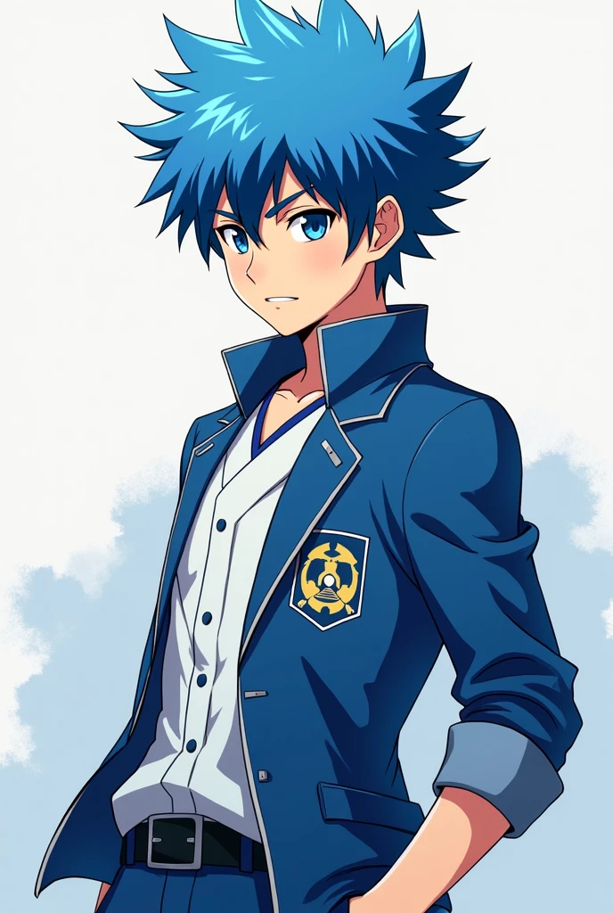 Create an anime boy with a blue school uniform and hair like Sasuke