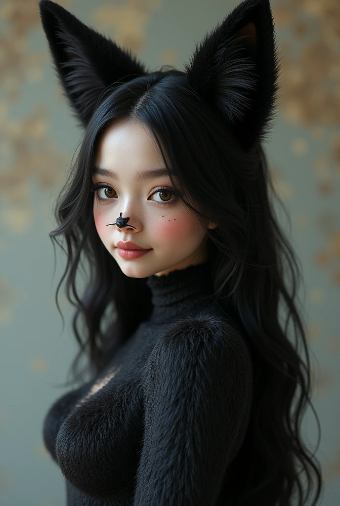 one girl, fox ears, , pure, cute naked, topless, a Fox human Mix, human Body, big tits, furry skin, hairy nose , whiskers big eyes, black für