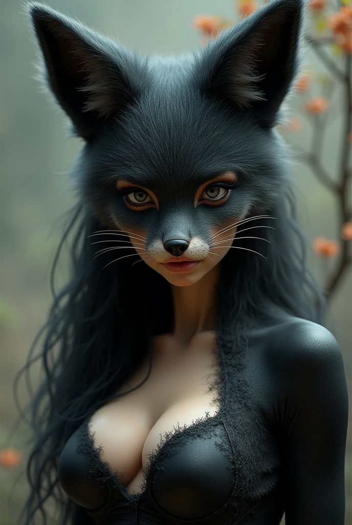 one girl, fox ears, , pure, cute naked, topless, a Fox human Mix, human Body, big tits, furry skin, hairy nose , whiskers big eyes, black für