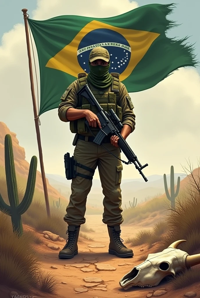 Tribute to Soldier's Day, A Brazilian soldier with a rifle looking down his face is covered with a balaclava, dressed in a caatinga camouflage uniform, a passage behind with a caatinga environment with a sun, cracked soil from drought, with cacti and dry plants, a cattle skull on the ground next to the soldier and the name sertão written on a flag next to it.